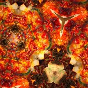 An abstract image in red with a kaleidoscope effect