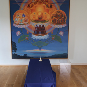 The Amitabha Shrine room - where there had been a vigil for visitors to come and sit with Sangharakshita's body - just before the beginning of the funeral