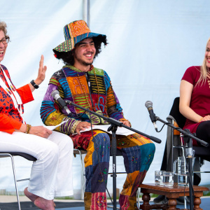 Celebrating Internationality - Vanaraji (left) interviewed Salvador from Mexico (middle) and Gleysa from Venezuela (right). Photo: Jeremy Peters